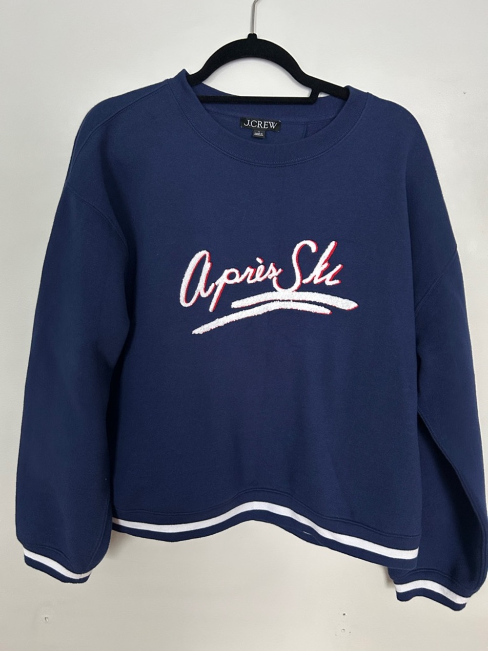 J. Crew Navy Crewneck Sweatshirt with Apres Ski Embroidery